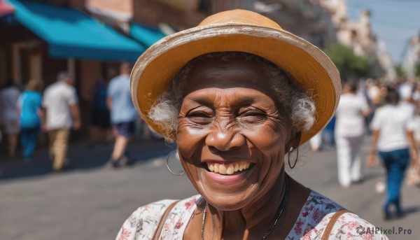 1girl,solo,smile,open mouth,shirt,black hair,1boy,hat,jewelry,closed eyes,white shirt,male focus,earrings,outdoors,multiple boys,teeth,solo focus,day,dark skin,necklace,grin,blurry,depth of field,blurry background,floral print,facing viewer,sun hat,hoop earrings,realistic,mustache,straw hat,laughing,old,old woman,short hair,multiple girls,dress,makeup,lipstick,6+boys,meme,crowd