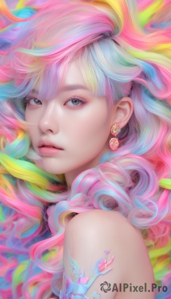 1girl,solo,long hair,looking at viewer,bangs,blonde hair,bare shoulders,jewelry,blue hair,upper body,pink hair,multicolored hair,earrings,parted lips,black eyes,lips,grey eyes,eyelashes,gradient hair,makeup,watermark,portrait,crystal,realistic,nose,colorful,rainbow hair,white hair