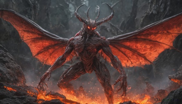 solo, standing, wings, horns, teeth, no humans, glowing, fire, glowing eyes, claws, monster, rock, demon, molten rock