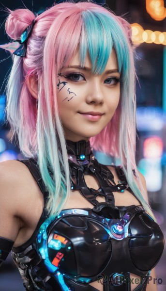 1girl,solo,breasts,looking at viewer,smile,short hair,bangs,hair ornament,bare shoulders,medium breasts,closed mouth,blue hair,upper body,pink hair,multicolored hair,hair bun,blurry,black eyes,two-tone hair,lips,grey eyes,double bun,aqua hair,tattoo,gradient hair,makeup,blurry background,science fiction,realistic,nose,cyborg,cyberpunk,blue eyes,armor