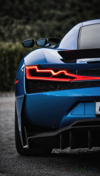 solo,outdoors,blurry,no humans,blurry background,sunglasses,ground vehicle,motor vehicle,car,vehicle focus,photo background,wheel,sports car,glowing,science fiction