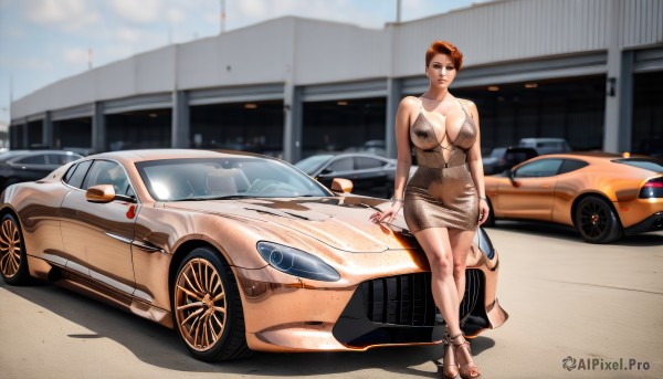 1girl,solo,breasts,looking at viewer,short hair,large breasts,brown hair,dress,cleavage,bare shoulders,jewelry,standing,full body,earrings,outdoors,blurry,high heels,bracelet,lips,makeup,blurry background,shadow,short dress,crossed legs,lipstick,ground vehicle,motor vehicle,handbag,car,vehicle focus,plunging neckline,sports car,brown eyes,necklace,bag,no bra,halterneck,mature female,realistic,halter dress,toeless footwear