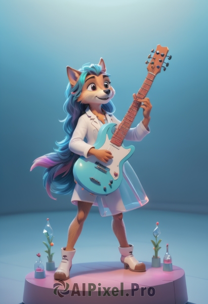 1girl,solo,long hair,breasts,smile,bangs,simple background,shirt,long sleeves,holding,animal ears,brown eyes,very long hair,closed mouth,blue hair,standing,collarbone,tail,full body,flower,sidelocks,multicolored hair,small breasts,boots,teeth,shiny,artist name,indoors,hand up,signature,black eyes,high heels,flat chest,two-tone hair,coat,see-through,gradient,gradient background,:3,buttons,watermark,blue background,looking down,happy,white footwear,bottle,instrument,wolf tail,furry,freckles,furry female,music,labcoat,white coat,guitar,tiles,potted plant,body fur,tile floor,playing instrument,holding instrument,animal nose,vase,snout,brown fur,two-tone fur,open mouth,blue eyes,shoes,alternate costume,collared shirt,fox ears,fox tail,wavy hair,red flower,fox girl,blue theme,test tube,yellow fur