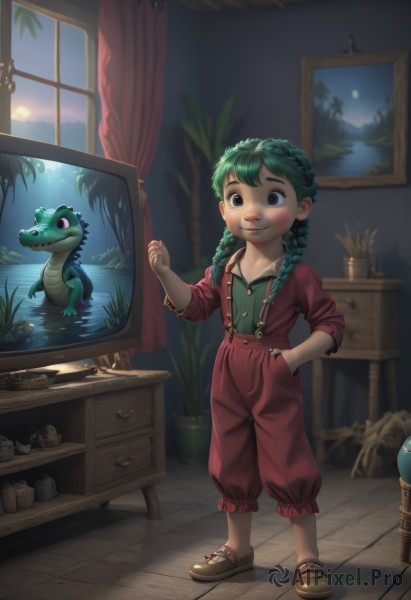 1girl,solo,long hair,smile,shirt,brown eyes,closed mouth,standing,full body,braid,green hair,shoes,indoors,hand up,water,black eyes,twin braids,window,night,brown footwear,moon,table,plant,curtains,child,full moon,freckles,hand in pocket,female child,frog,potted plant,overalls,television,looking at viewer,artist name,suspenders,crown braid,vase,flower pot