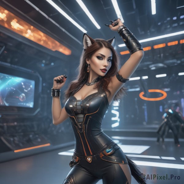 1girl,solo,long hair,breasts,looking at viewer,brown hair,animal ears,cleavage,brown eyes,jewelry,medium breasts,standing,tail,cowboy shot,earrings,solo focus,choker,belt,pants,indoors,cat ears,armpits,nail polish,blurry,arm up,collar,bracelet,lips,fingernails,cat tail,bodysuit,makeup,blurry background,black pants,lipstick,black nails,armlet,eyeshadow,science fiction,contrapposto,red lips,bracer,artist name,signature,torn clothes,wolf ears,thick eyebrows,armband,corset,buckle,long fingernails,hoop earrings,realistic,torn pants