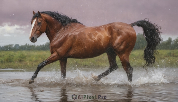 solo,outdoors,sky,cloud,signature,water,from side,tree,wet,no humans,animal,grass,nature,reflection,rain,running,realistic,animal focus,splashing,horse,day,cloudy sky,scenery