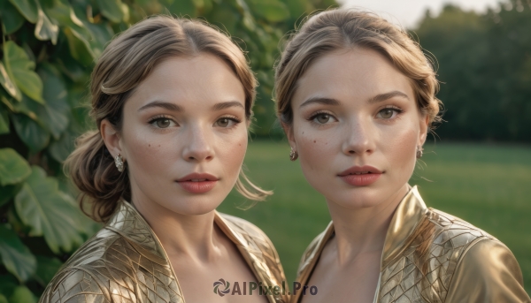 looking at viewer,short hair,multiple girls,blonde hair,brown hair,2girls,brown eyes,jewelry,closed mouth,upper body,earrings,outdoors,parted lips,day,blurry,lips,depth of field,blurry background,siblings,sisters,portrait,freckles,realistic,bangs,mole,leaf,expressionless,nature,forehead,red lips