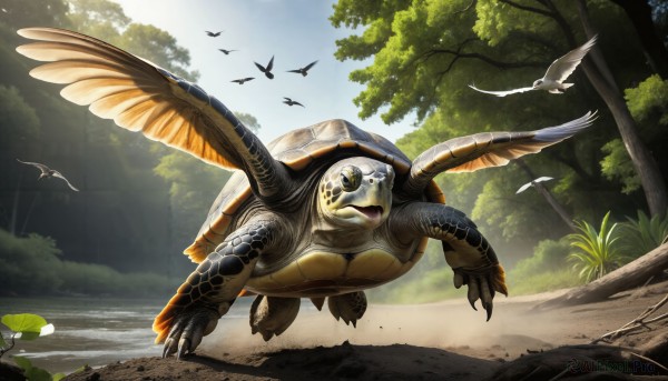 HQ,solo,open mouth,outdoors,wings,horns,sky,day,tree,no humans,bird,animal,sunlight,bug,nature,claws,forest,flying,monster,realistic,turtle,dinosaur,signature,water,pokemon (creature),scenery,light rays,rock,statue