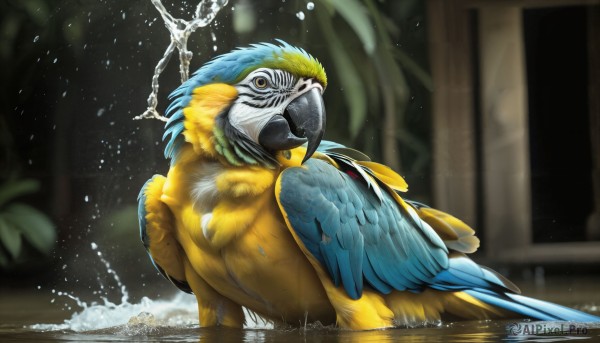 HQ,solo,looking at viewer,yellow eyes,wings,looking back,artist name,water,from behind,blurry,pokemon (creature),no humans,blurry background,bird,animal,watermark,feathers,plant,partially submerged,realistic,animal focus,splashing,beak,open mouth,outdoors,wet,web address,water drop