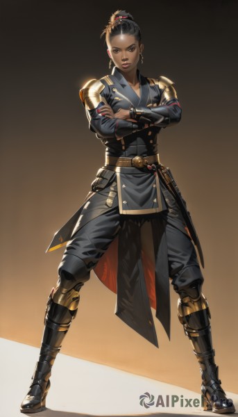 1girl,solo,looking at viewer,short hair,black hair,hair ornament,long sleeves,brown eyes,jewelry,closed mouth,standing,full body,weapon,earrings,boots,belt,pants,sword,dark skin,hair bun,black footwear,armor,uniform,high heels,dark-skinned female,lips,gradient,gradient background,military uniform,makeup,black pants,crossed arms,single hair bun,knee boots,lipstick,shoulder armor,sheath,high heel boots,legs apart,pauldrons,gold trim,hoop earrings,vambraces,armored boots,eyeliner,greaves,facial tattoo,dreadlocks,breasts,nail polish,black eyes,fingernails,red nails,forehead,backlighting,nose,red lips,knee pads,undercut,very dark skin