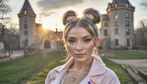 1girl,solo,looking at viewer,smile,brown hair,black hair,brown eyes,jewelry,collarbone,jacket,heart,earrings,outdoors,sky,day,cloud,necklace,hair bun,blurry,tree,lips,double bun,blurry background,building,portrait,forehead,realistic,heart necklace,short hair,upper body,parted lips,makeup,sunlight,thick eyebrows,backlighting,freckles,nose,sun