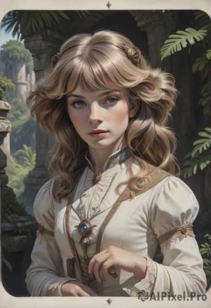 1girl,solo,long hair,looking at viewer,bangs,blue eyes,blonde hair,brown hair,shirt,hair ornament,long sleeves,dress,jewelry,white shirt,upper body,outdoors,frills,parted lips,day,puffy sleeves,necklace,white dress,tree,lips,grey eyes,eyelashes,leaf,wavy hair,border,light brown hair,plant,juliet sleeves,brooch,gem,pendant,freckles,curly hair,realistic,nose,pillar,breasts,closed mouth,hairband,arch