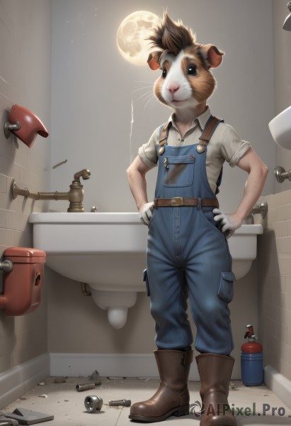 solo,looking at viewer,brown hair,shirt,gloves,1boy,animal ears,standing,full body,white shirt,short sleeves,male focus,boots,collared shirt,belt,indoors,white gloves,mask,animal,brown footwear,moon,furry,hands on hips,tiles,overalls,furry male,bathroom,mouse,tile wall,whiskers,sink,faucet,artist name,black eyes,night,night sky,mirror,toothbrush,screw