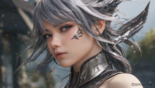 1girl,solo,long hair,looking at viewer,bangs,bare shoulders,brown eyes,closed mouth,grey hair,outdoors,day,blurry,lips,grey eyes,eyelashes,depth of field,blurry background,wind,portrait,freckles,realistic,nose,parted lips,horns,sky,tattoo,floating hair,facial mark,close-up,au ra,hyur