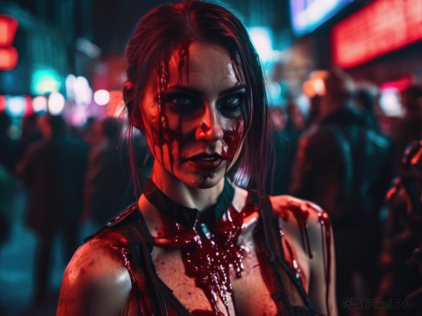 1girl,solo,long hair,breasts,looking at viewer,blue eyes,brown hair,cleavage,bare shoulders,upper body,bikini,solo focus,choker,blurry,lips,blood,makeup,blurry background,blood on face,realistic,blood on clothes,blood splatter,medium breasts,ponytail,torn clothes,blood stain