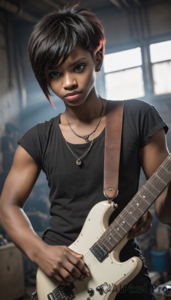 1girl,solo,looking at viewer,short hair,brown hair,shirt,black hair,holding,brown eyes,jewelry,standing,collarbone,short sleeves,cowboy shot,earrings,solo focus,pants,indoors,dark skin,necklace,blurry,black eyes,dark-skinned female,lips,black shirt,blurry background,swept bangs,piercing,denim,t-shirt,instrument,pendant,realistic,nose,music,guitar,very short hair,playing instrument,holding instrument,electric guitar,bra strap,tomboy,drum,artist name,signature,nail polish,makeup