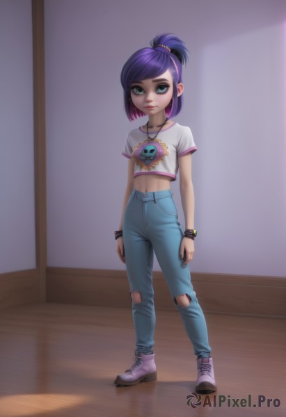 1girl,solo,looking at viewer,short hair,bangs,shirt,navel,jewelry,closed mouth,green eyes,standing,collarbone,full body,white shirt,ponytail,purple hair,short sleeves,multicolored hair,shoes,midriff,pants,artist name,indoors,signature,necklace,flat chest,bracelet,two-tone hair,lips,crop top,torn clothes,makeup,swept bangs,watermark,denim,t-shirt,wristband,sneakers,child,web address,pendant,short ponytail,skull,jeans,wooden floor,borrowed character,nose,arms at sides,pink footwear,blue pants,female child,print shirt,purple footwear,topknot,cropped shirt,torn pants,torn jeans,studded bracelet,smile,hair ornament,pink hair,heart,shadow,white footwear,watch,realistic,hair tie,wristwatch,midriff peek,pigeon-toed,torn shirt,heart necklace