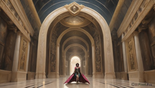 1girl,solo,looking at viewer,short hair,black hair,1boy,standing,male focus,boots,indoors,cape,armor,sunlight,scenery,light rays,stairs,red cape,wide shot,pillar,hallway,arch,reflective floor,column,pink cape,long hair,breasts,navel,cleavage,jewelry,sitting,weapon,tiara,anklet