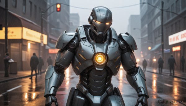 looking at viewer,1boy,standing,male focus,outdoors,multiple boys,solo focus,armor,blurry,blurry background,glowing,robot,ground vehicle,building,mecha,glowing eyes,motor vehicle,reflection,walking,science fiction,rain,city,sign,realistic,car,road,police,lamppost,street,power armor,humanoid robot,traffic light,power suit,orange eyes,military,military vehicle,multiple others,cyberpunk,arm blade