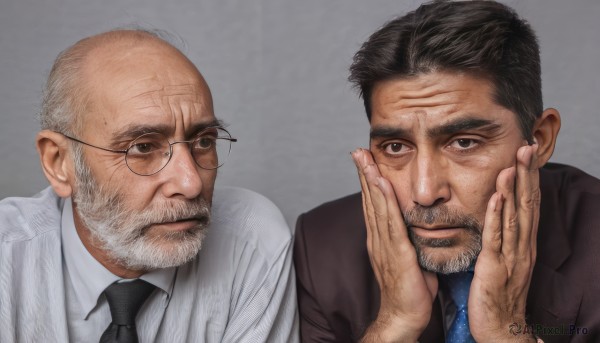 looking at viewer,short hair,simple background,shirt,black hair,closed mouth,jacket,white shirt,upper body,grey hair,male focus,multiple boys,necktie,glasses,collared shirt,2boys,grey background,black eyes,facial hair,formal,thick eyebrows,own hands together,suit,blue shirt,black necktie,beard,brown jacket,blue necktie,mature male,realistic,round eyewear,mustache,stubble,bald,old,old man,wrinkled skin,white hair,parted lips,vest,lips,grey eyes,scar,scar on face,meme,labcoat,hands on own face,very short hair,brown vest