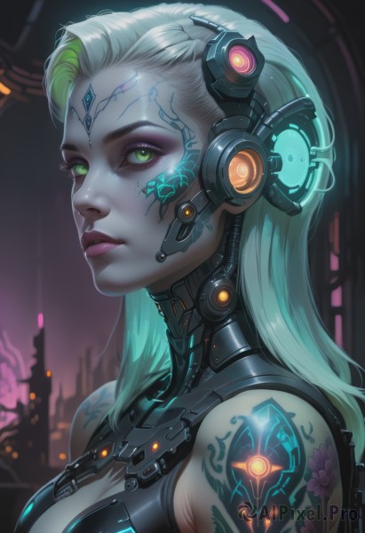 A idyllic cyborg within a lush dynamic scene
