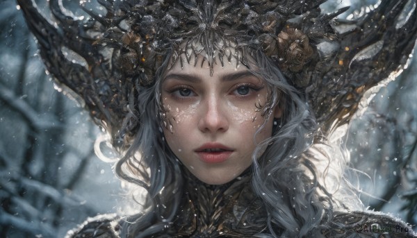 1girl,solo,long hair,looking at viewer,blue eyes,grey hair,outdoors,parted lips,horns,artist name,armor,blurry,tree,lips,grey eyes,eyelashes,depth of field,blurry background,watermark,portrait,web address,snow,close-up,snowing,realistic,fantasy,red lips,teeth,signature,makeup,freckles,nose,branch,winter,bare tree