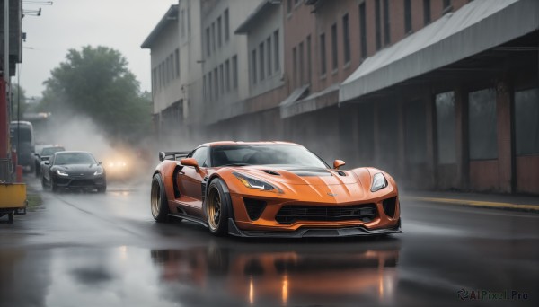 A vibrant motor vehicle captured in rainy day