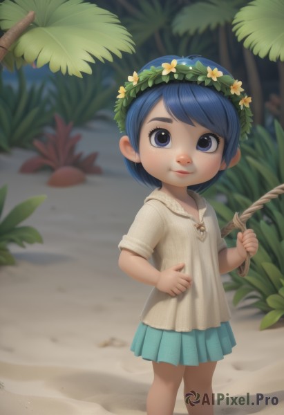 1girl,solo,looking at viewer,smile,short hair,blue eyes,skirt,shirt,hair ornament,holding,closed mouth,blue hair,standing,flower,short sleeves,pleated skirt,outdoors,hair flower,blurry,blue skirt,depth of field,blurry background,leaf,beach,aged down,plant,child,freckles,sand,female child,head wreath,stick,blush,bangs,jewelry,earrings,tree,lips,realistic,aqua skirt