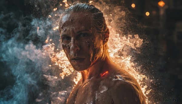 solo,looking at viewer,short hair,blue eyes,black hair,1boy,closed mouth,upper body,male focus,nude,dark skin,blurry,black eyes,portrait,smoke,realistic,manly,grey hair,from side,blurry background,glowing,scar,hair slicked back