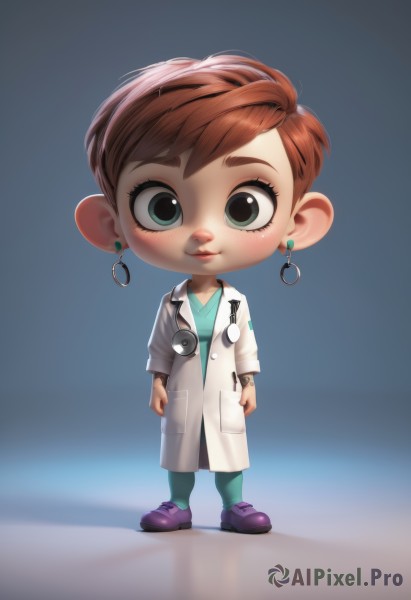 1girl,solo,looking at viewer,smile,short hair,brown hair,shirt,jewelry,green eyes,standing,full body,earrings,shoes,pants,chibi,lips,freckles,hoop earrings,labcoat,stethoscope,doctor,blue eyes,red hair,artist name,eyelashes,thick eyebrows,child,nose,female child