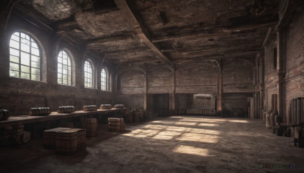 day,indoors,no humans,window,shadow,chair,table,sunlight,scenery,light rays,door,wall,shelf,barrel,treasure chest,crate,wooden chair,cart,food,fantasy,brick wall,ceiling