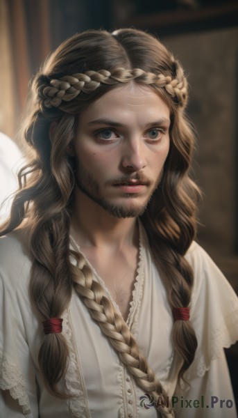 solo,long hair,looking at viewer,blue eyes,blonde hair,brown hair,shirt,1boy,white shirt,upper body,braid,male focus,parted lips,mole,blurry,twin braids,lips,grey eyes,mole under eye,blurry background,facial hair,hair over shoulder,beard,freckles,realistic,multiple braids,1girl,dress,nose