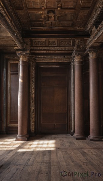 day,indoors,no humans,window,shadow,sunlight,scenery,light rays,wooden floor,stairs,door,architecture,pillar,arch,column,fantasy,light,shade,statue