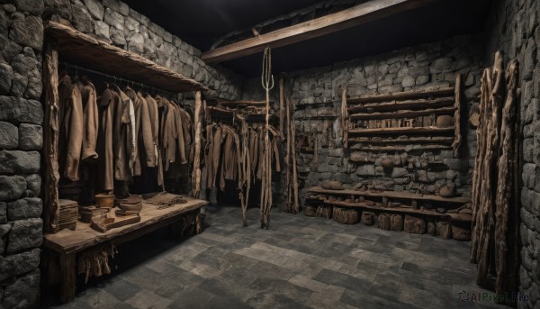 outdoors,indoors,no humans,scenery,stairs,wall,ruins,brick wall,stone floor,stone wall,shadow,table,rope,still life,barrel,crate,wood