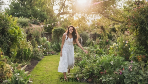 1girl,solo,long hair,smile,brown hair,black hair,dress,bare shoulders,standing,flower,outdoors,barefoot,sleeveless,day,dark skin,white dress,dark-skinned female,tree,sleeveless dress,sunlight,grass,plant,nature,scenery,light rays,realistic,sundress,wide shot,overgrown,garden,leaf,forest,walking,bush,photo background,path