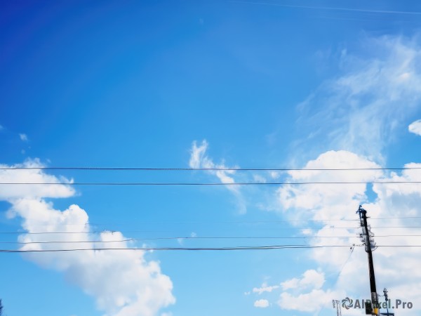 outdoors,sky,day,cloud,tree,blue sky,no humans,cloudy sky,scenery,summer,power lines,utility pole,contrail,cumulonimbus cloud,signature,bird,reflection