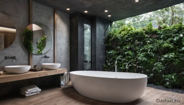 day,indoors,tree,no humans,window,table,sunlight,plant,nature,scenery,reflection,bowl,mirror,sink,faucet,book,towel,wooden floor,bathroom