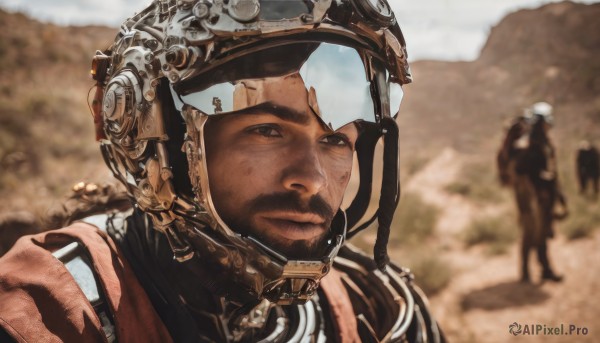 looking at viewer,1boy,closed mouth,male focus,outdoors,multiple boys,solo focus,dark skin,2boys,blurry,depth of field,blurry background,facial hair,helmet,portrait,science fiction,realistic,desert,solo,black hair,brown eyes,sky,day,armor,dark-skinned male,beard