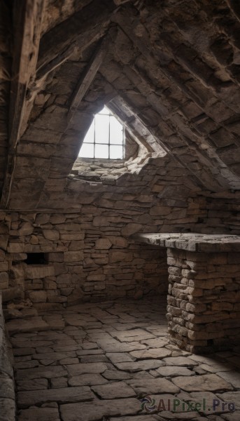 monochrome,day,indoors,dutch angle,no humans,window,from above,sunlight,scenery,stairs,wall,ruins,brick wall,brown theme,arch,stone wall,curtains,light rays,crack,stone floor,brick,brick floor,cracked floor