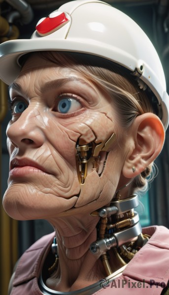 1girl,solo,short hair,blue eyes,blonde hair,hat,closed mouth,blurry,collar,lips,blurry background,white headwear,helmet,portrait,science fiction,realistic,nose,android,old,cyborg,mechanical parts,old woman,brown hair,jewelry,earrings,eyelashes,robot,close-up,joints,damaged,robot joints