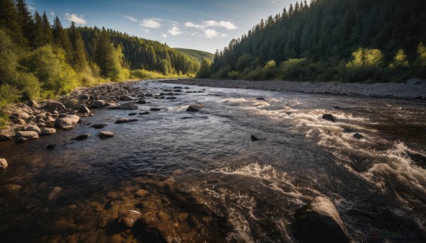 outdoors,sky,day,cloud,signature,water,tree,blue sky,no humans,cloudy sky,nature,scenery,forest,rock,mountain,river,landscape,ocean,grass,shore