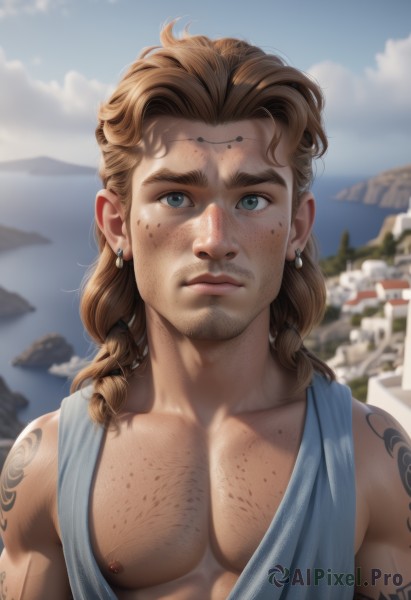 solo,long hair,looking at viewer,blue eyes,brown hair,1boy,jewelry,closed mouth,nipples,upper body,male focus,earrings,outdoors,sky,sleeveless,day,artist name,cloud,blurry,blue sky,lips,tattoo,muscular,blurry background,facial hair,piercing,thick eyebrows,pectorals,muscular male,bara,beard,freckles,realistic,nose,bare pectorals,shoulder tattoo,chest hair,blonde hair,medium hair,tank top,portrait,large pectorals,stubble,manly,white tank top,chest tattoo,neck tattoo