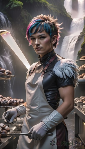 1girl,solo,breasts,looking at viewer,short hair,shirt,black hair,gloves,holding,brown eyes,blue hair,standing,weapon,pink hair,short sleeves,multicolored hair,cowboy shot,sweat,small breasts,parted lips,food,sword,white gloves,dark skin,water,mole,apron,two-tone hair,dark-skinned female,lips,streaked hair,black shirt,knife,goggles,white apron,freckles,realistic,nose,cooking,ladle,waterfall,tongs