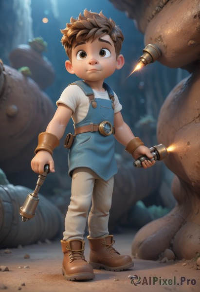 solo,looking at viewer,short hair,brown hair,shirt,1boy,holding,brown eyes,closed mouth,standing,full body,white shirt,weapon,short sleeves,male focus,boots,outdoors,belt,blurry,blurry background,brown footwear,thick eyebrows,wristband,child,fantasy,overalls,male child,hammer,flashlight,artist name,pouch,rock,realistic