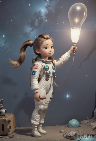 1girl,solo,long hair,smile,brown hair,twintails,brown eyes,standing,sky,star (symbol),black eyes,night,moon,child,star (sky),starry sky,science fiction,realistic,female child,space,american flag,spacecraft,spacesuit,astronaut,ponytail,boots,lips,planet,alien