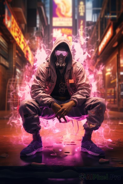 solo,looking at viewer,shirt,gloves,long sleeves,1boy,jacket,full body,male focus,outdoors,open clothes,shoes,alternate costume,pants,dark skin,hood,black footwear,blurry,open jacket,torn clothes,black shirt,hoodie,mask,blurry background,glowing,squatting,dark-skinned male,white jacket,building,sneakers,glowing eyes,hooded jacket,hood up,city,mouth mask,aura,cyberpunk,neon lights,artist name,night,smoke,city lights,graffiti,nike