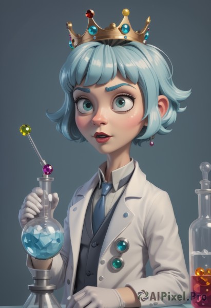 1girl,solo,blush,short hair,bangs,blue eyes,simple background,shirt,gloves,long sleeves,holding,jewelry,blue hair,jacket,white shirt,upper body,earrings,parted lips,necktie,teeth,shiny,collared shirt,white gloves,vest,aqua eyes,lips,coat,aqua hair,makeup,buttons,formal,thick eyebrows,bottle,crown,wing collar,lipstick,gem,androgynous,blue necktie,wide-eyed,labcoat,white coat,red lips,constricted pupils,sanpaku,flask,potion,diamond (gemstone),grey background,white jacket,suit,freckles,grey vest