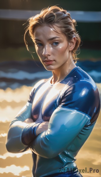 1girl,solo,looking at viewer,short hair,blue eyes,blonde hair,brown hair,long sleeves,upper body,outdoors,parted lips,shiny,blurry,lips,wet,bodysuit,blurry background,beach,crossed arms,realistic,nose,wet hair,1boy,closed mouth,male focus,artist name,water,sunlight,backlighting,dirty,superhero,dirty face