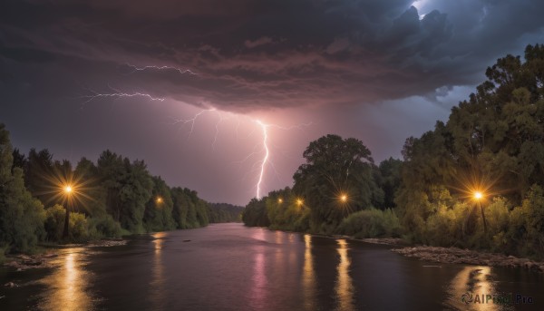 An iconic lightning framed by a bold sunset outdoors