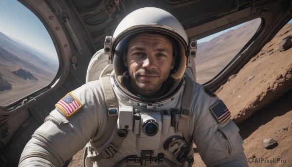 solo,looking at viewer,smile,brown hair,1boy,brown eyes,upper body,male focus,facial hair,helmet,beard,rock,realistic,space,old,planet,american flag,spacecraft,spacesuit,japanese flag,astronaut,closed mouth,lips,reflection,flag,earth (planet),space helmet,american flag print